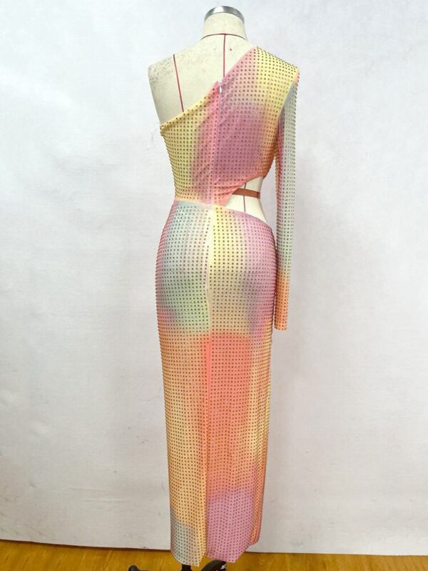 Sexy One Shoulder Sleeve Color Block Rhinestone Bodycon Dress