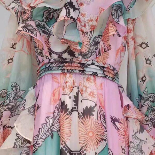 Vintage Ruffles Floral Printed Lantern Sleeve Elegant Designer Party Dresses