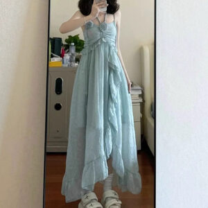 Chic French Beach Vacation Blue Strap Dress for Women