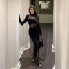564075444 Black Mesh Panel Hollow Out Long Sleeve Dress