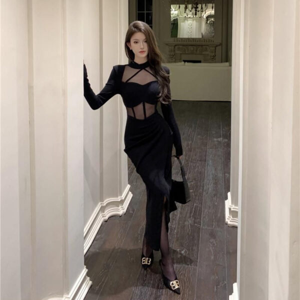 564075444 Black Mesh Panel Hollow Out Long Sleeve Dress