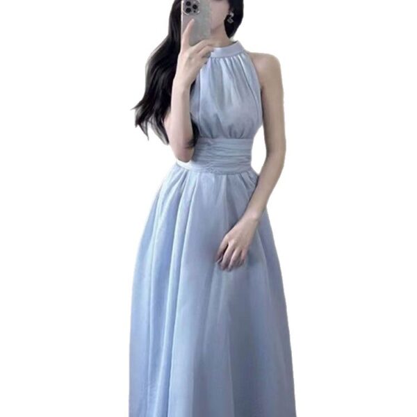 564075201 Blue Strapless Backless Petite Beach Vacation Fairy Long Dress