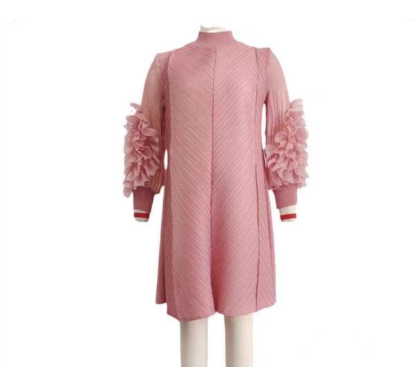 Stand-Up Collar Knee-Length Heavyweight Pleated Dress for Women