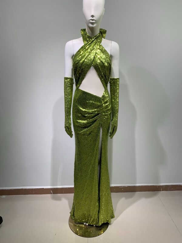 Elegant backless sequined green elegant bodycon floor length party dress