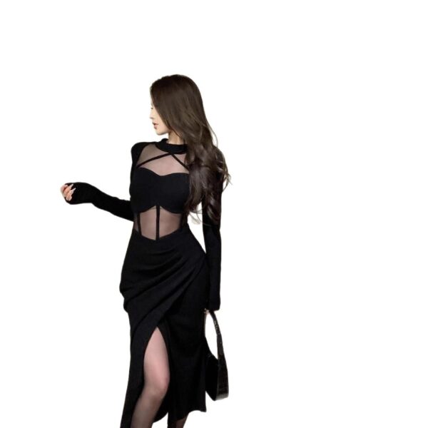 564075445 Black Mesh Panel Hollow Out Long Sleeve Dress