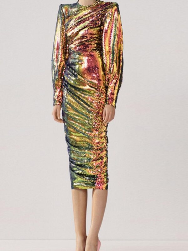 Elegant Midi Dress New Round Neck Long Sleeve Evening Party Dresses