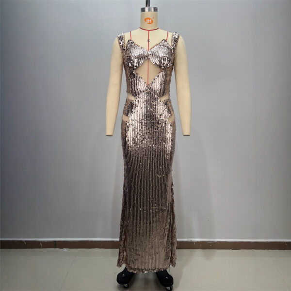 565302725 Backless V-neck Sleeveless Fitted Sequined Casual Long Dress for Party