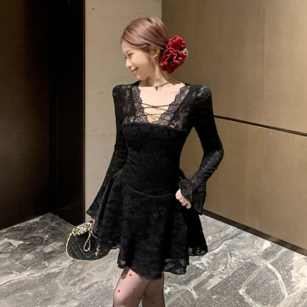 Sensual Lace Spliced Long Sleeve Dress for Women