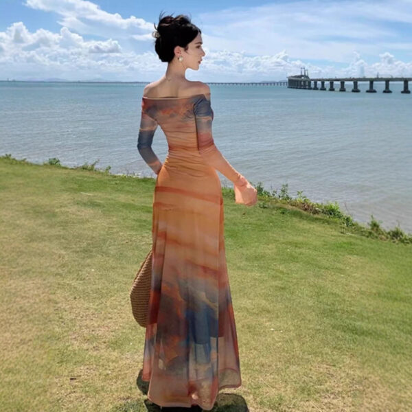 564075406 French Style Chic Sunset Tie-Dye Off-Shoulder Printed Mesh Dress