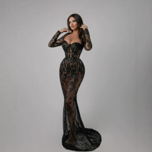 565302999 Square Neck Heavy Work Lace Party Evening Gown Women