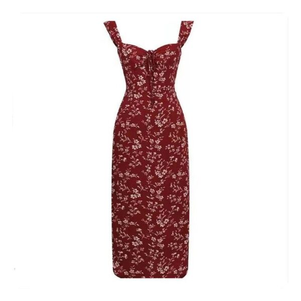 French Style Red Floral Strap Dress for Women