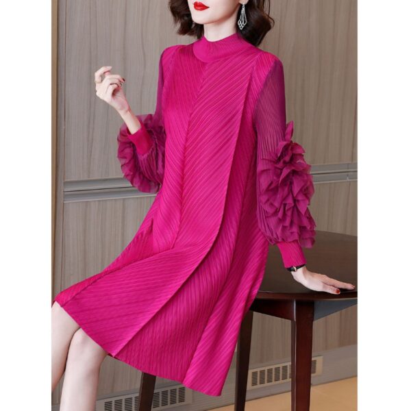 Stand-Up Collar Knee-Length Heavyweight Pleated Dress for Women