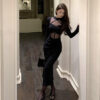 564075443 Black Mesh Panel Hollow Out Long Sleeve Dress