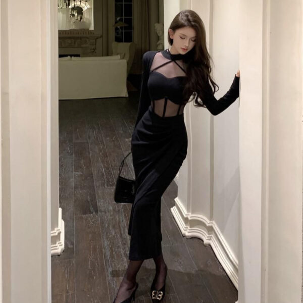 564075443 Black Mesh Panel Hollow Out Long Sleeve Dress