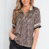 99027934-a05bc6b3ce0fc29d.jpg Khaki Leopard Print Half Zip Striped Trim Patchwork Short Sleeve Top