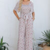 White Smocked Short Sleeve Wide Leg Floral Print Jumpsuit