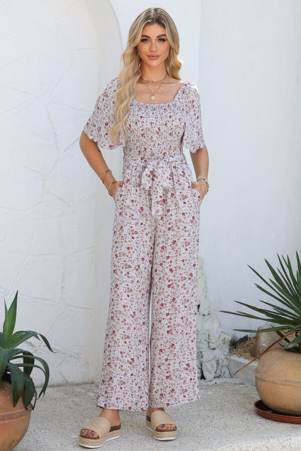 White Smocked Short Sleeve Wide Leg Floral Print Jumpsuit