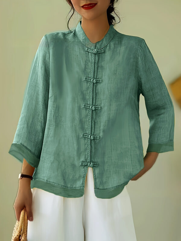 Chinese-style Patchwork Button-Placket Cropped-Sleeve Loose-fit Retro Chinese-style Shirt