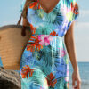 Sky Blue Tropical Print V Neck Semi Sheer Beach Cover Up Dress