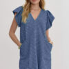 Blue Stripe Textured Knit V Neck Flutter Sleeve Shift Mini Dress