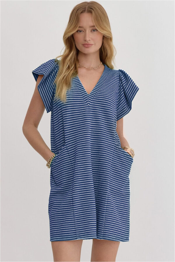Blue Stripe Textured Knit V Neck Flutter Sleeve Shift Mini Dress