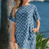 Sky Blue Frayed Hem Checkered Denim Mini Dress