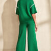 Blackish Green Contrast Trim Half Sleeve Top Drawstring Pants Loose 2pcs Sweater Suit
