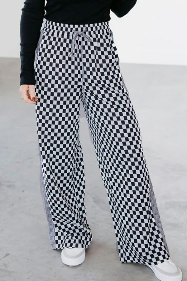 99128539-b57d440d1ab36fea.jpg White Checkerboard Drawstring Waist Casual Pants