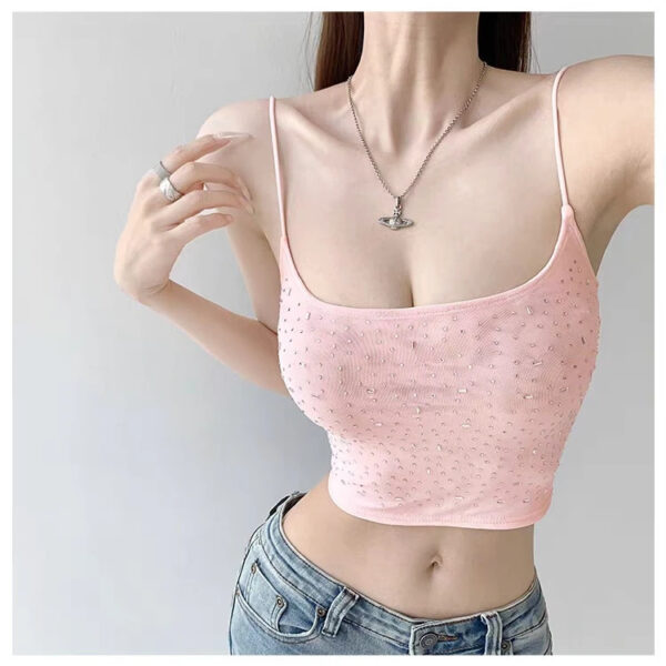 Womens High-waisted Midriff-baring Top With A Square Neckline Featuring A Double-layer Mesh Design