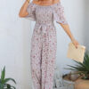 White Smocked Short Sleeve Wide Leg Floral Print Jumpsuit