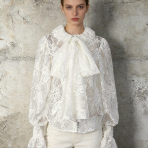 Lantern Sleeve Bow Tie Lace Embroidered Shirt