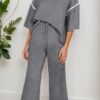 Blackish Green Contrast Trim Half Sleeve Top Drawstring Pants Loose 2pcs Sweater Suit