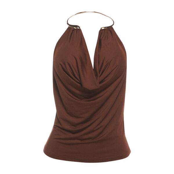 Fashionable Solid-Color Low-Cut  Plunging Neckline Metal Halter Bodycon Tank Top