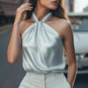 Womens Solid-color Off-shoulder Halter Top With Tie-up Detail