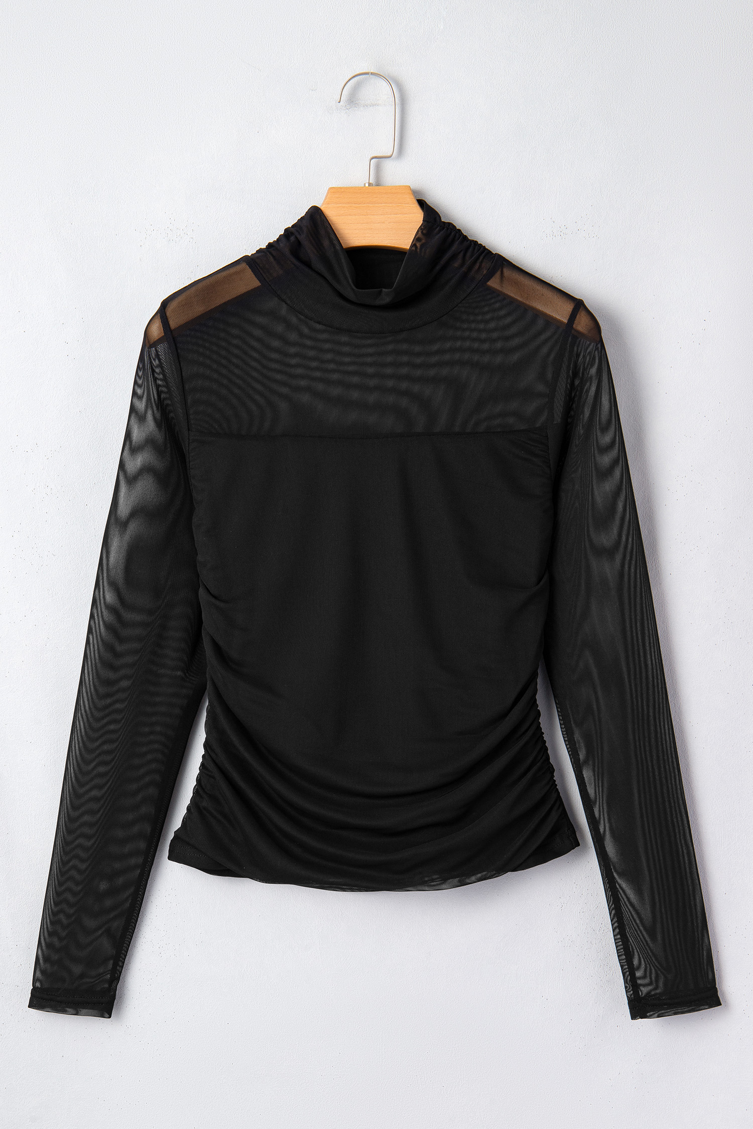 Black Sheer Mesh Patchwork High Neck Long Sleeve Top - Image 4