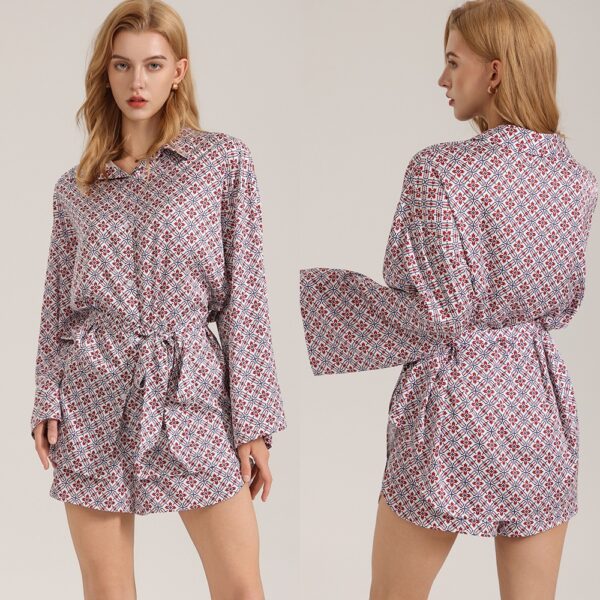 Retro-style Satin Long-sleeve Shorts Set For Women Fashionable Geometric-print Pajamas And Loungewear
