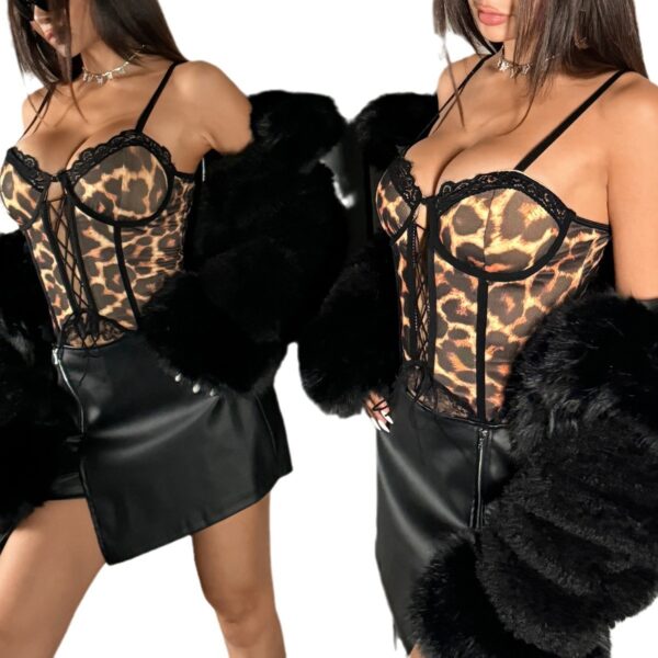 Womens Sexy Leopard-Print Patchwork Lace Cross-Tie Fishbone Underwire Top