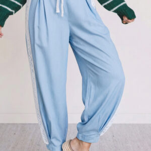 Beau Blue Lace Accent Floral Patched Pocket Pleated Wide Leg Slouchy Pants