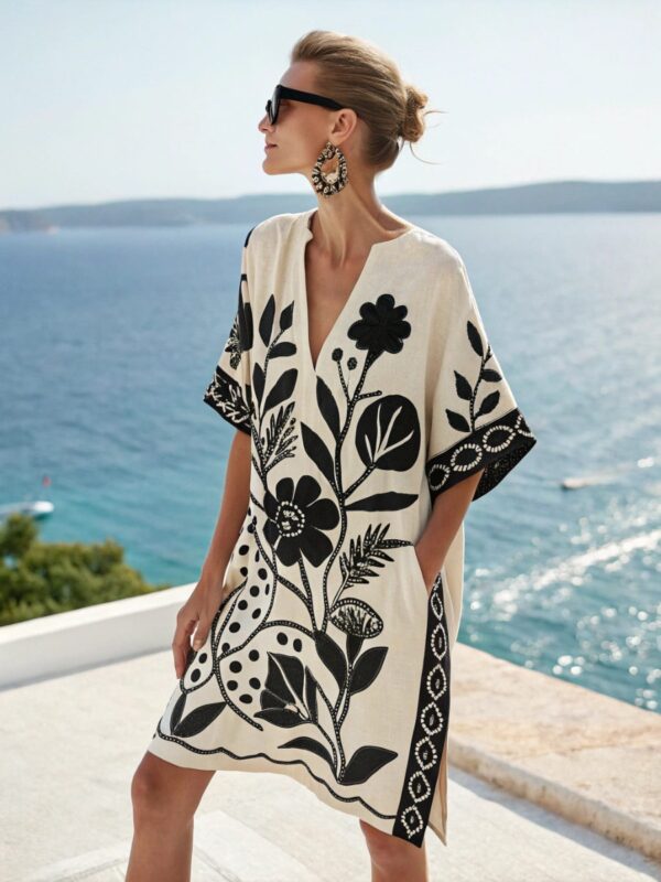 Loose Printed V-neck Women's Casual Holiday Dress