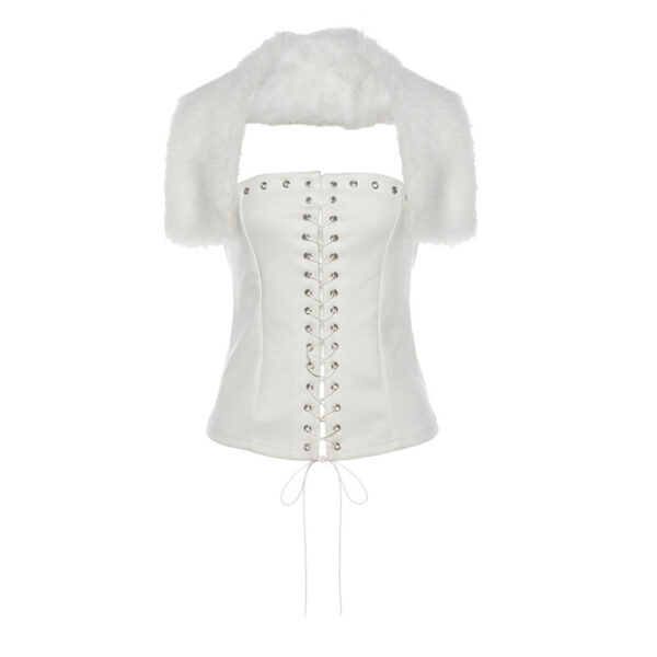 Womens Fashionable Sexy Strappy Cardigan With Faux Fur Collar T-Shirt