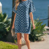 Sky Blue Frayed Hem Checkered Denim Mini Dress