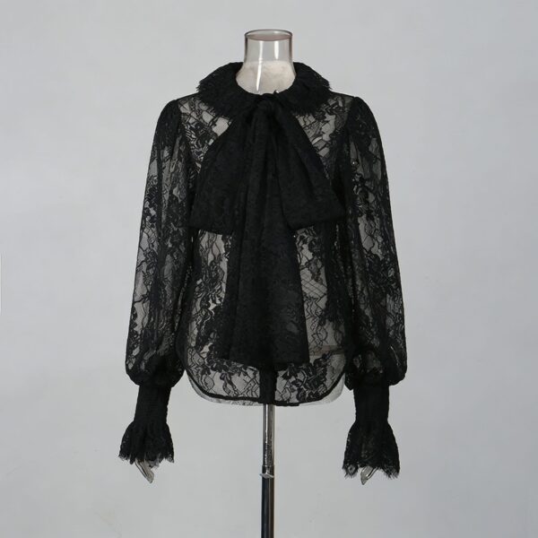 Lantern Sleeve Bow Tie Lace Embroidered Shirt
