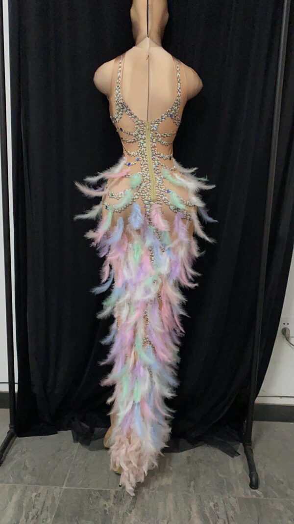 New Model Colorful Feather Rhinestone Elastic Wrap Hip Long Dress