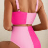 Pink Corded Colorblock Square Neck Bikini Swimsuit