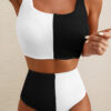 Pink Corded Colorblock Square Neck Bikini Swimsuit