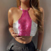 Backless Metallic Colorblock Chain Halter Sequin Camisole