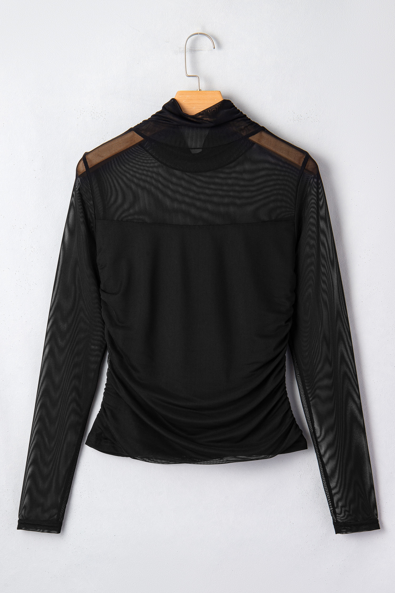 Black Sheer Mesh Patchwork High Neck Long Sleeve Top - Image 5