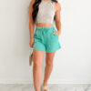 Rose Red Mineral Washed Drawstring Elastic Waist Raw Cut Shorts