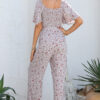 White Smocked Short Sleeve Wide Leg Floral Print Jumpsuit