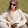 Solid-color Hollow-out V-neck Loose Laid-back Womens Pullover Knit Top